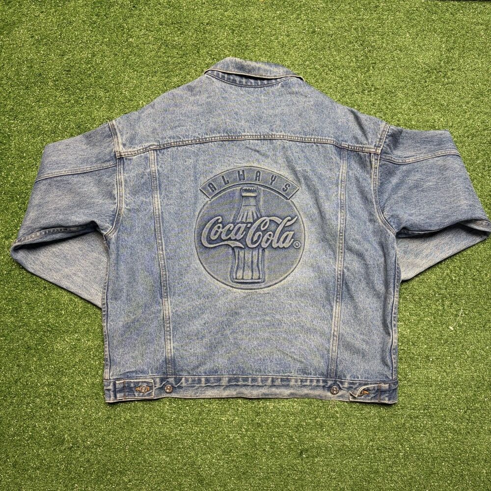 Vintage 90s Coca-Cola Denim Jacket Tyca Men’s Large USA Made Embossed Blue